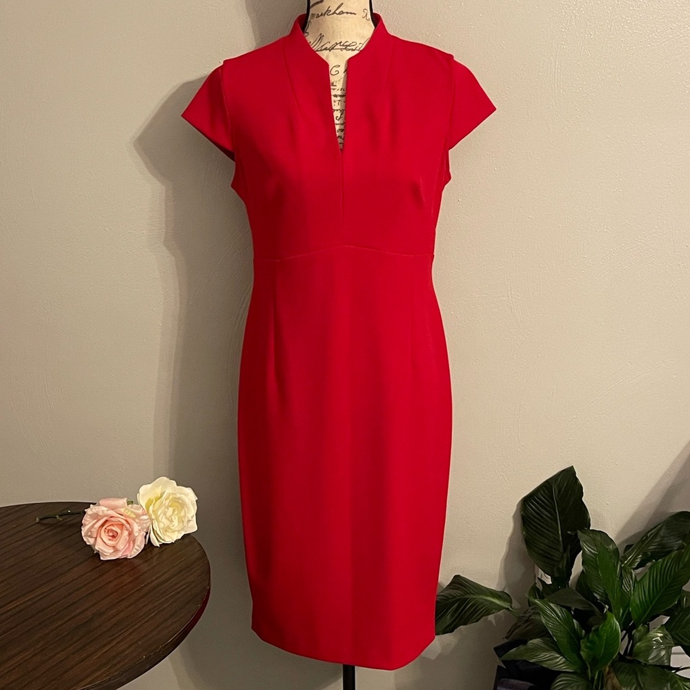 Calvin Klein Red Sheath Dress Size 10 Cap Sleeve Career